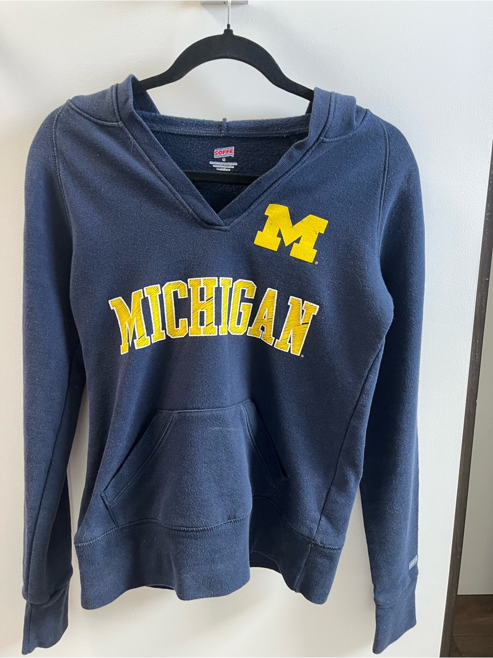 Michigan Women's Navy V-Neck Sweatshirt with Yellow Logo